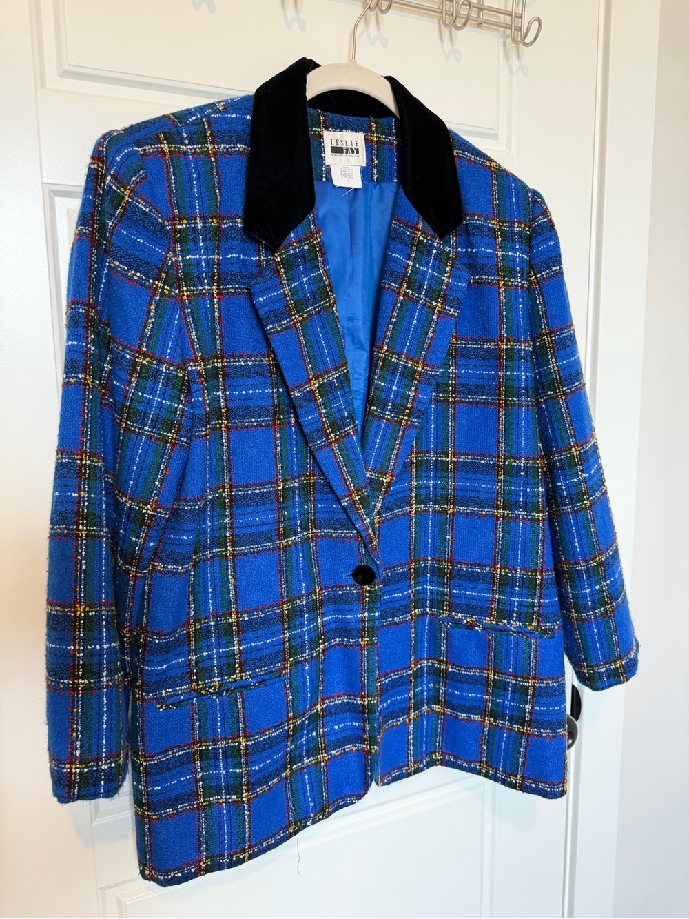 Leslie Fay Royal Blue Plaid Blazer with Black Velvet Collar